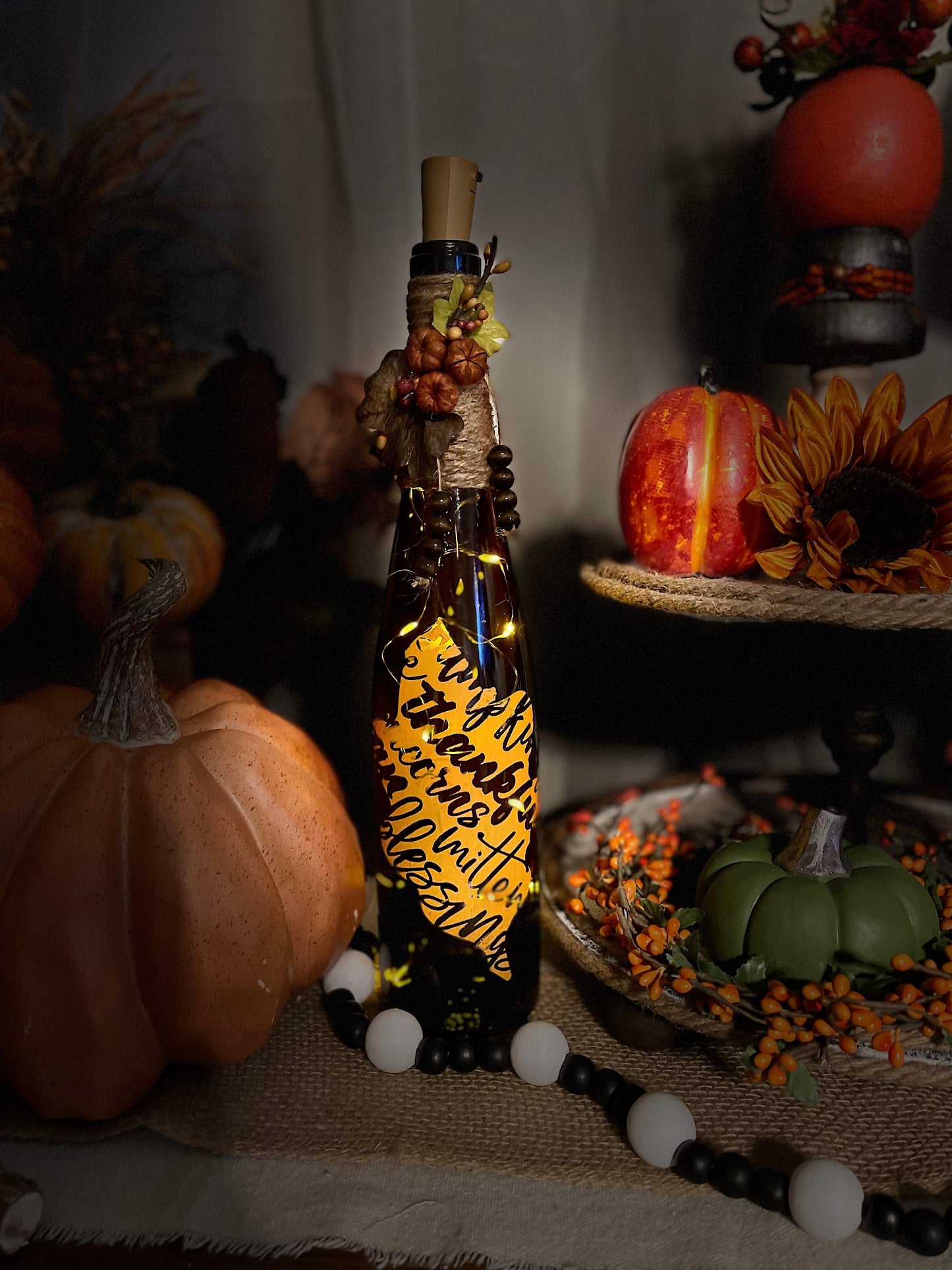 Lighted fall wine bottle - Heart Land Designs